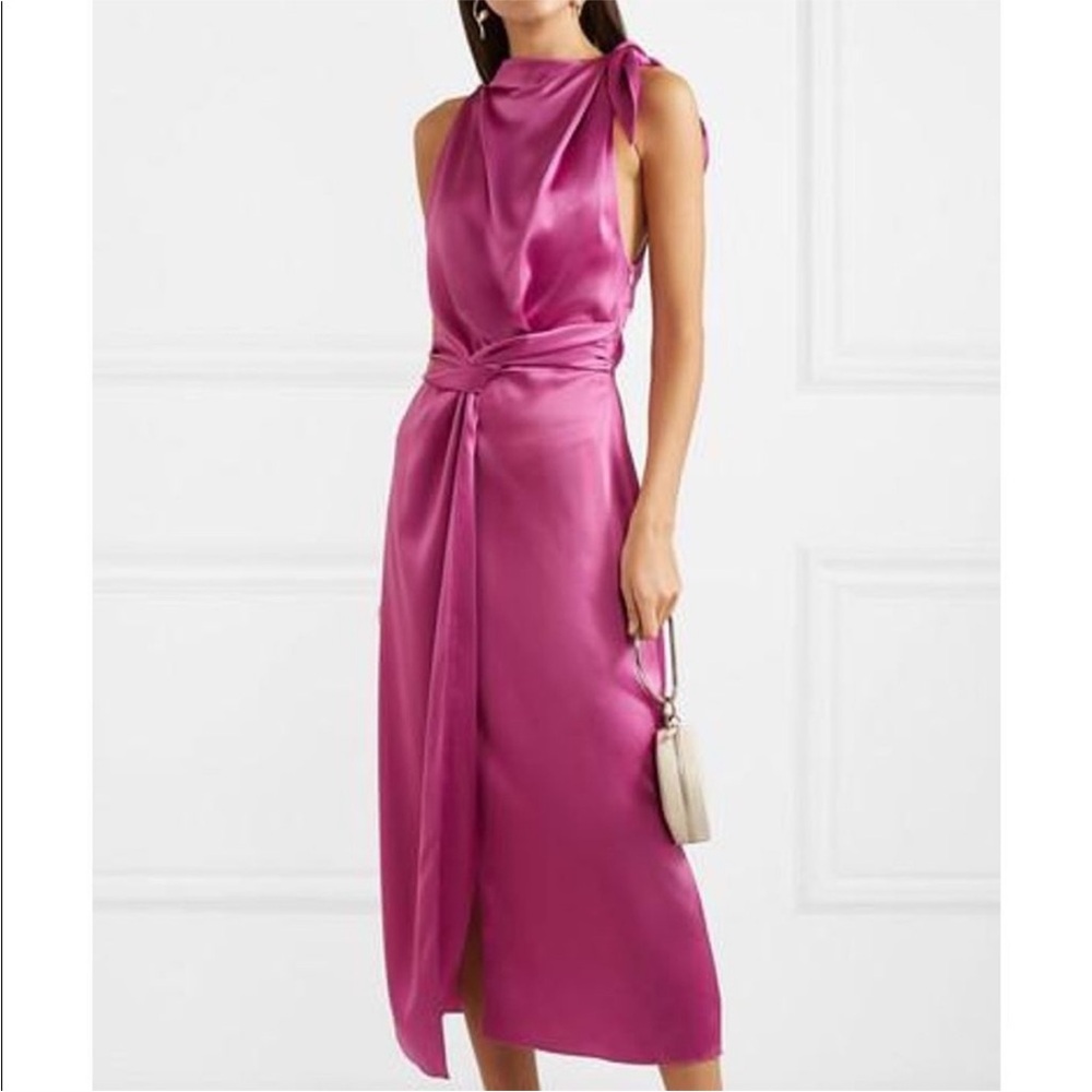 Nanushka Satin Knot-Waist Midi Dress in Fuchsia - Picture 2 of 13